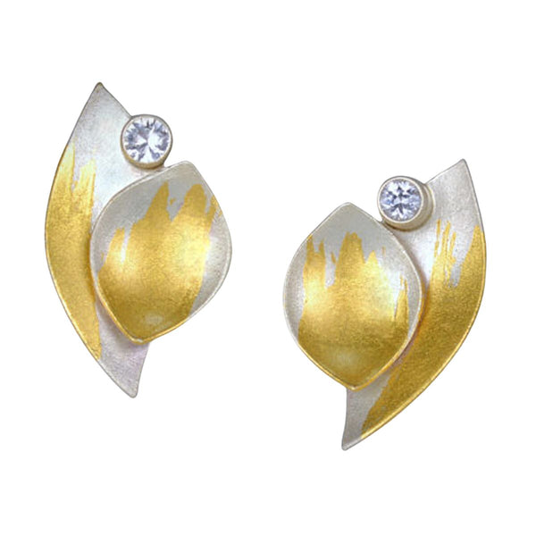 Small Leaf Overlap with White Sapphire Earrings