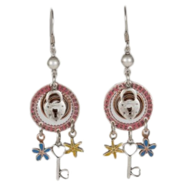 Purple Wheel with Lock and Key Earring