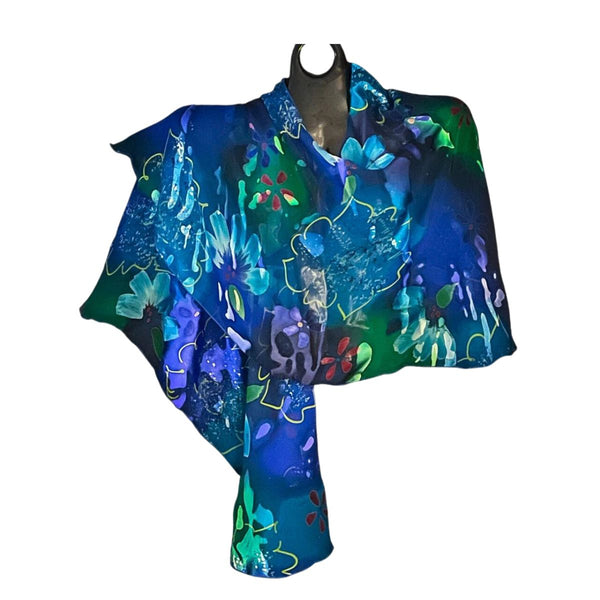 Blue & Green With Floral Pattern Swirl Shawl
