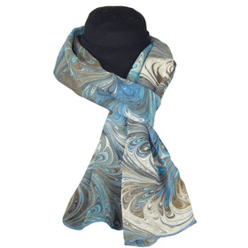 Hand Marbled Silk Chiffon Scarf In Celery With Gray