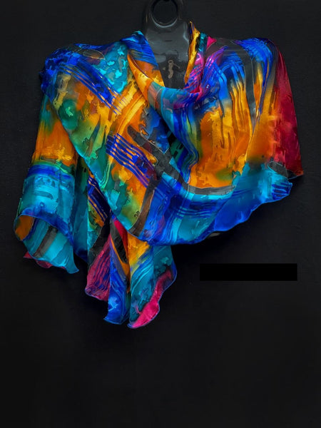 Blue, Yellow, Orange & Red Swirl Shawl