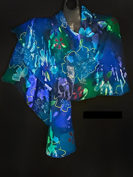 Blue & Green With Floral Pattern Swirl Shawl