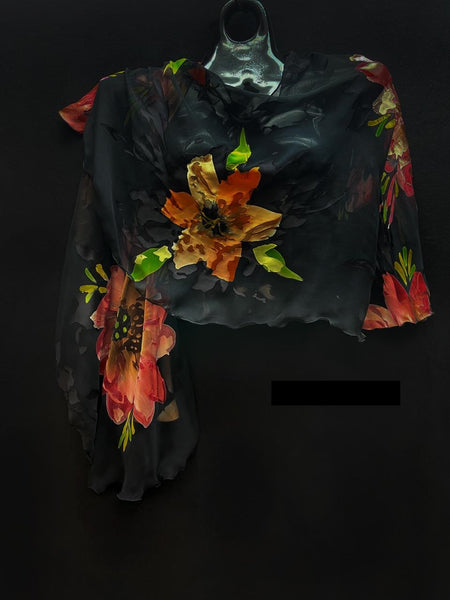 Black With Orange Flower Swirl Shawl
