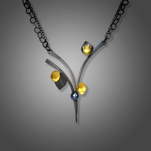 Silver Sprig with Gold Leaf & Pearl Necklace