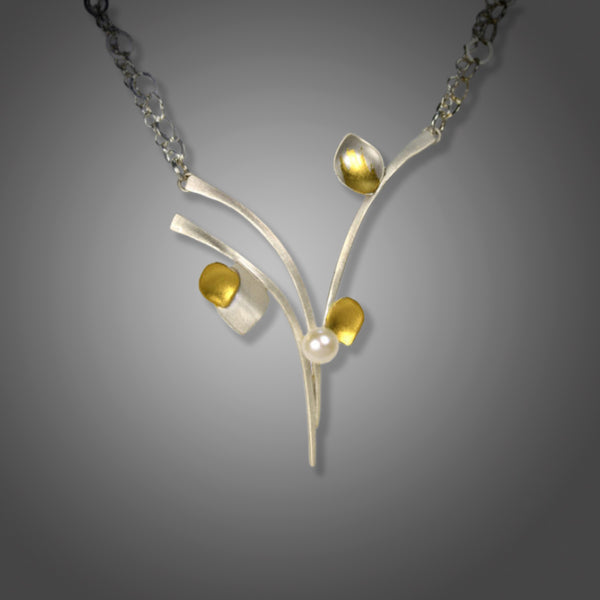 Silver Sprig with Gold Leaf & Pearl Necklace