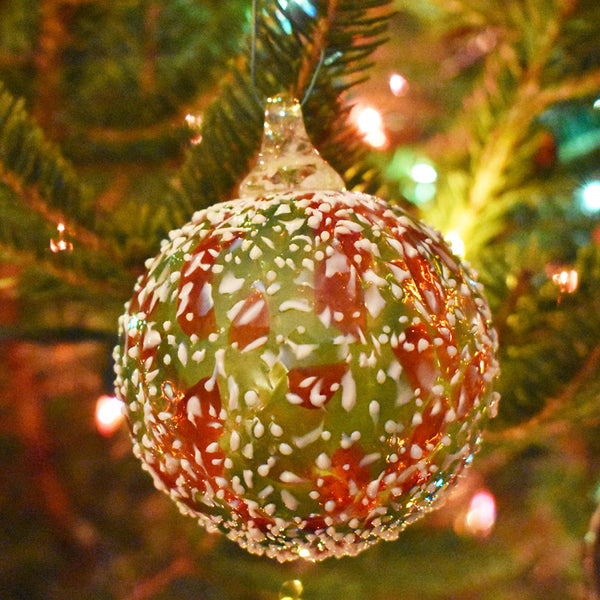 Green & White Speckled Art Glass Ornament
