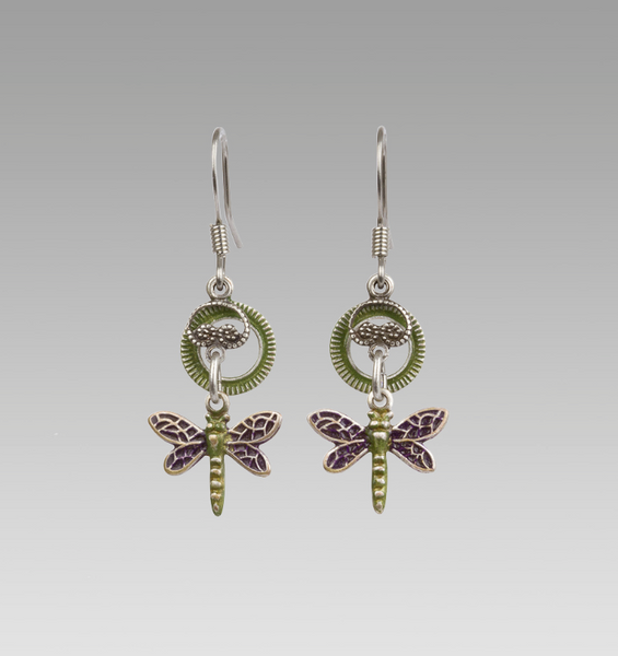 Dragonfly Green and Purple Dangle Earring