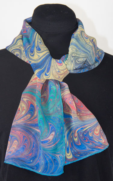 Hand Marbled Silk Chiffon Scarf In Celery With Gray