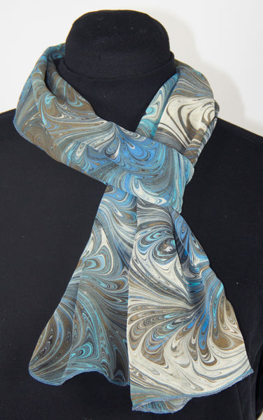 Hand Marbled Silk Chiffon Scarf In Celery With Gray