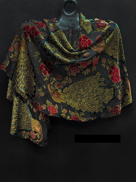 Black With Golden Bird Pattern Swirl Shawl