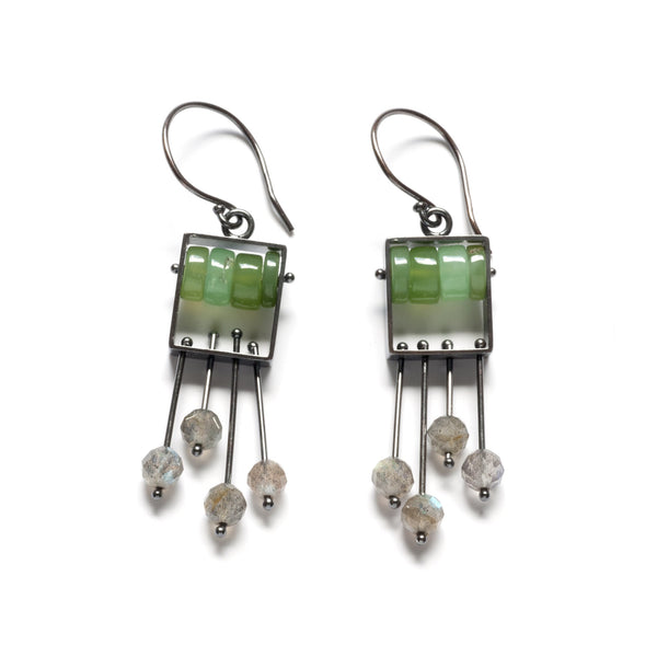 Rectangle Earrings with Top Stone and Fringe