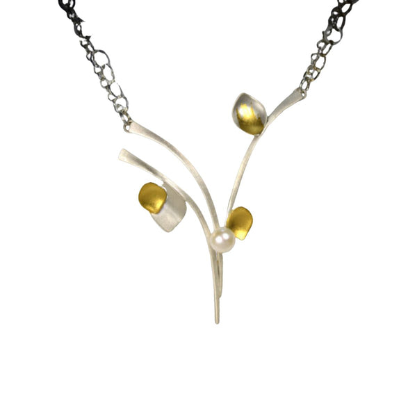Silver Sprig with Gold Leaf & Pearl Necklace